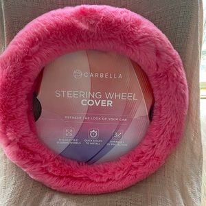 Fuzzy, bright pink, steering wheel cover
